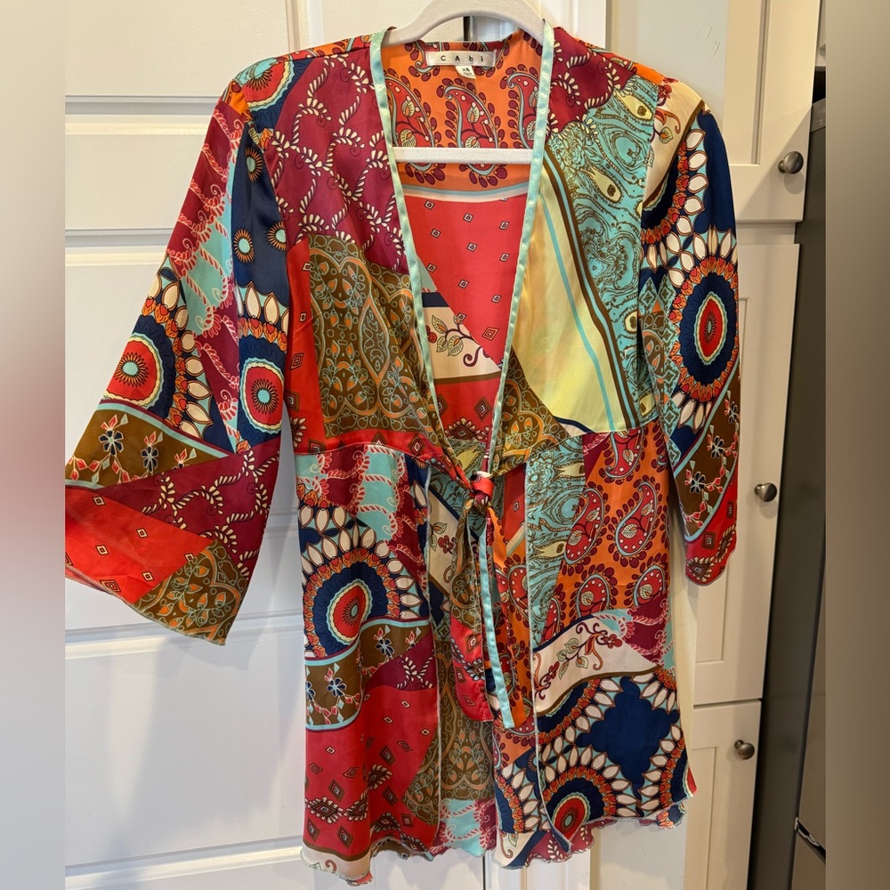 Sexy CAbi satin Kimono blouse with front tie size XS Retro paisley patchwork top